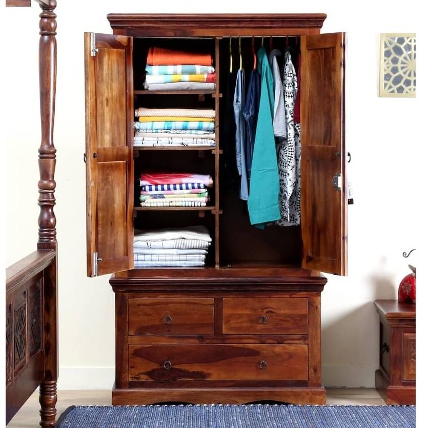 Sheesham Wood 2 Door Wardrobe In Honey Oak Finish