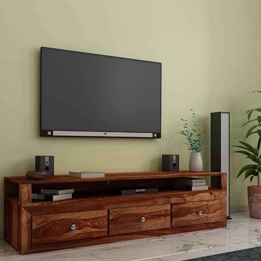 Sheesham Wood TV Cabinet Unit With Drawers and Shelf Storage - photo