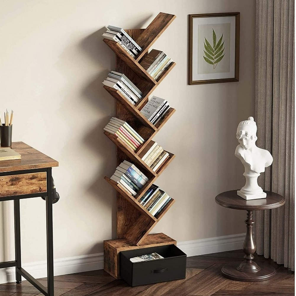 Rustic Brown 8 Shelf Tree Bookshelf with Drawer - photo