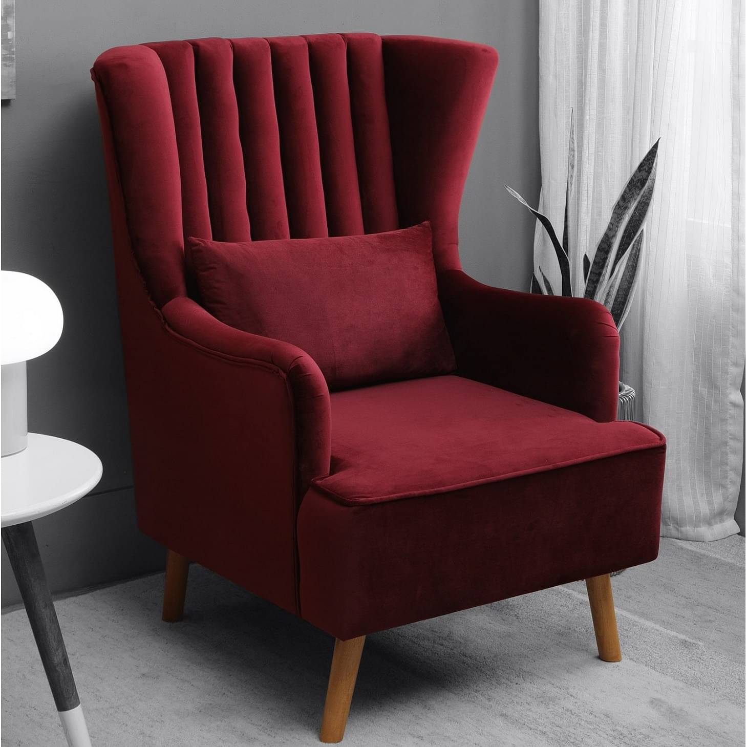 Iconic Velvet Wing Chair In Red Color