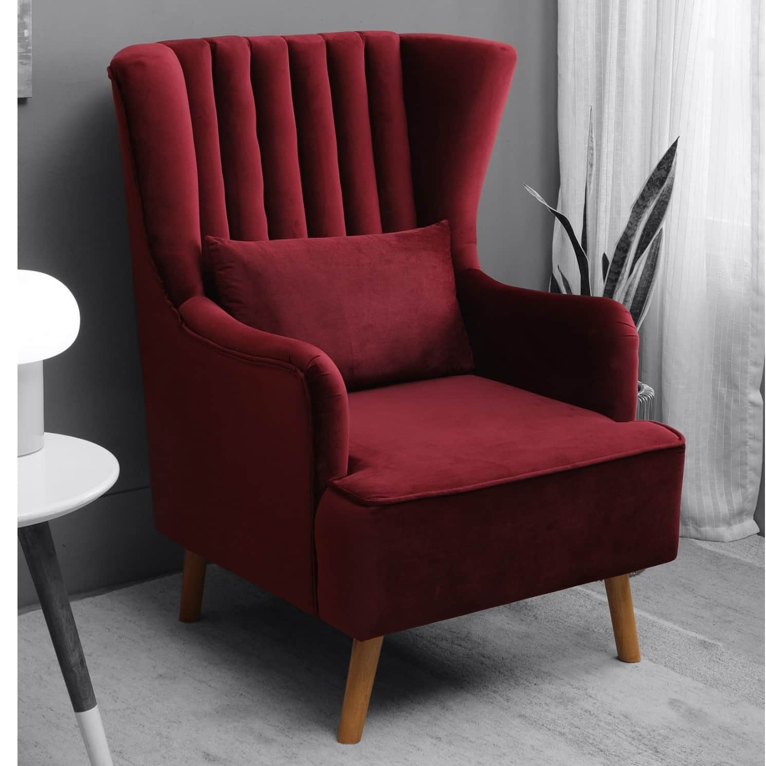 Iconic Velvet Wing Chair In Red Color - front_view