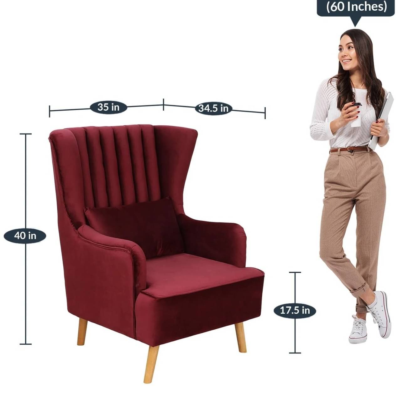 Iconic Velvet Wing Chair In Red Color