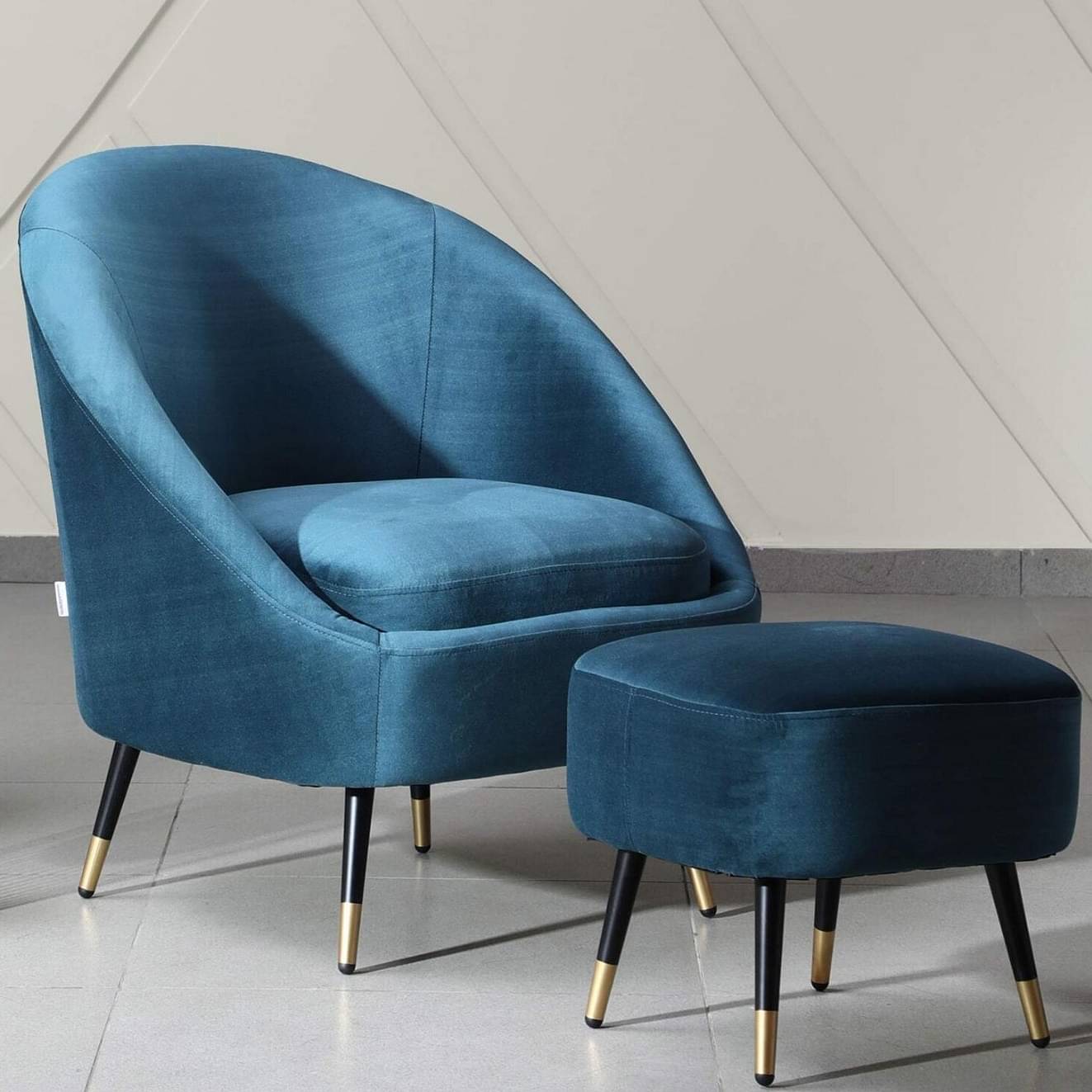Alfie Velvet Barrel Chair in Teal Color with Foot Stool
