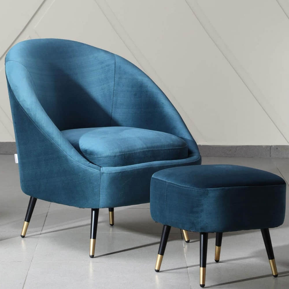Alfie Velvet Barrel Chair in Teal Color with Foot Stool - photo