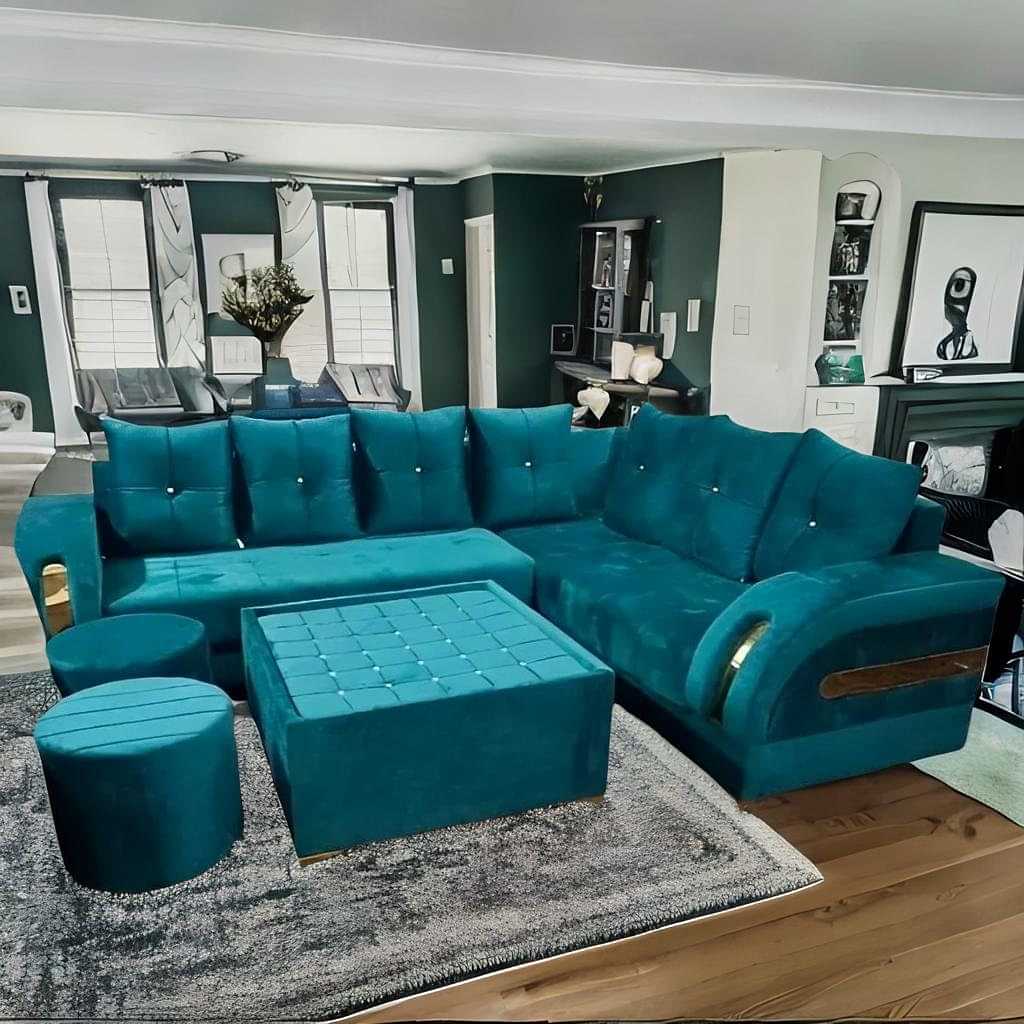 Parma L Shape Sofa Set With Center Table & 2 Puffy - photo
