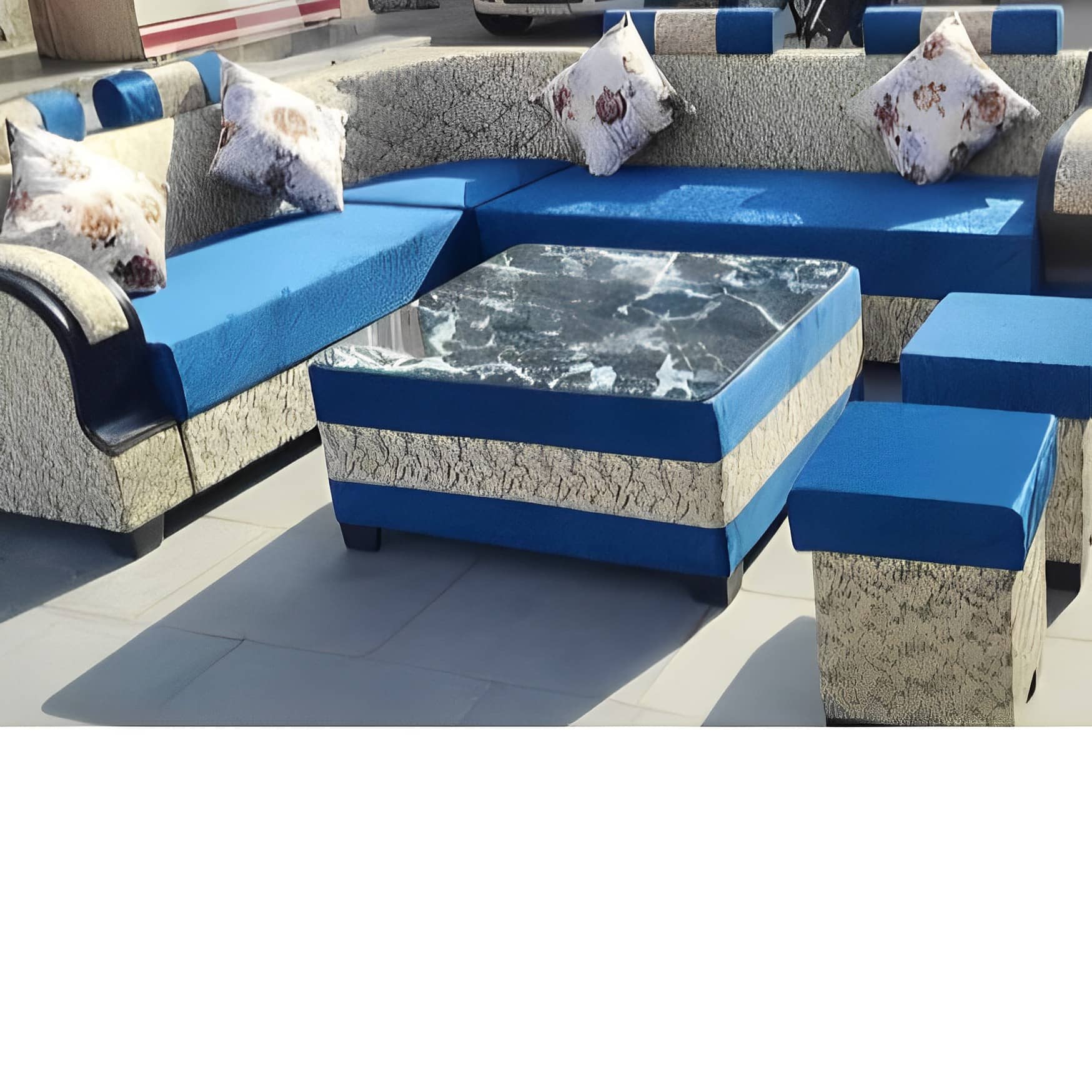 Fujairah L-Shaped 9-Seater Sofa Set (Blue & White)
