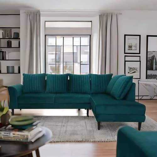Hugo Velvet LHS Sectional Sofa In Teal Blue Colour