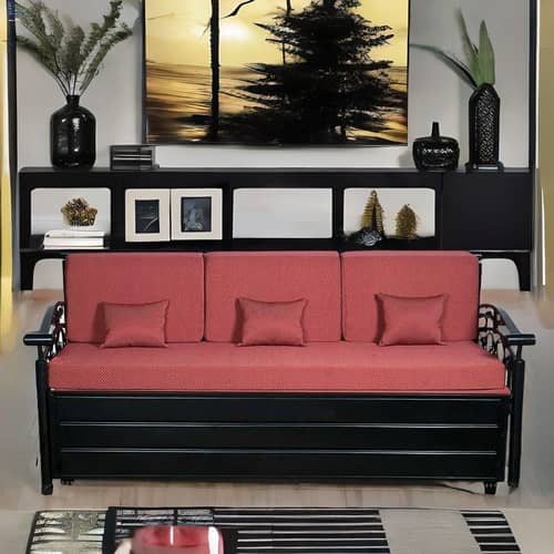 Red Sofa Cum Bed with Hydraulic Storage