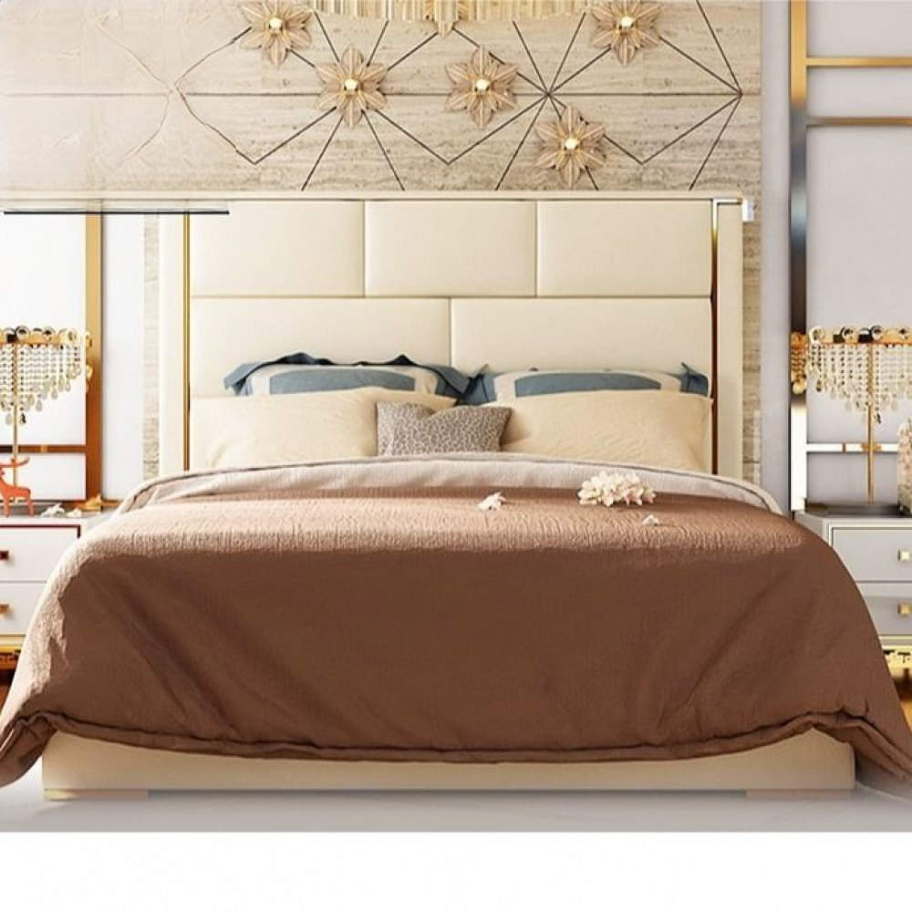 Beige Malaysian Rectangular Puzzle Tufted Queen Size Bed - photo