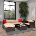 Outdoor 5 Seater Sofa Set With Cushion and Glass Table (Brown) - photo