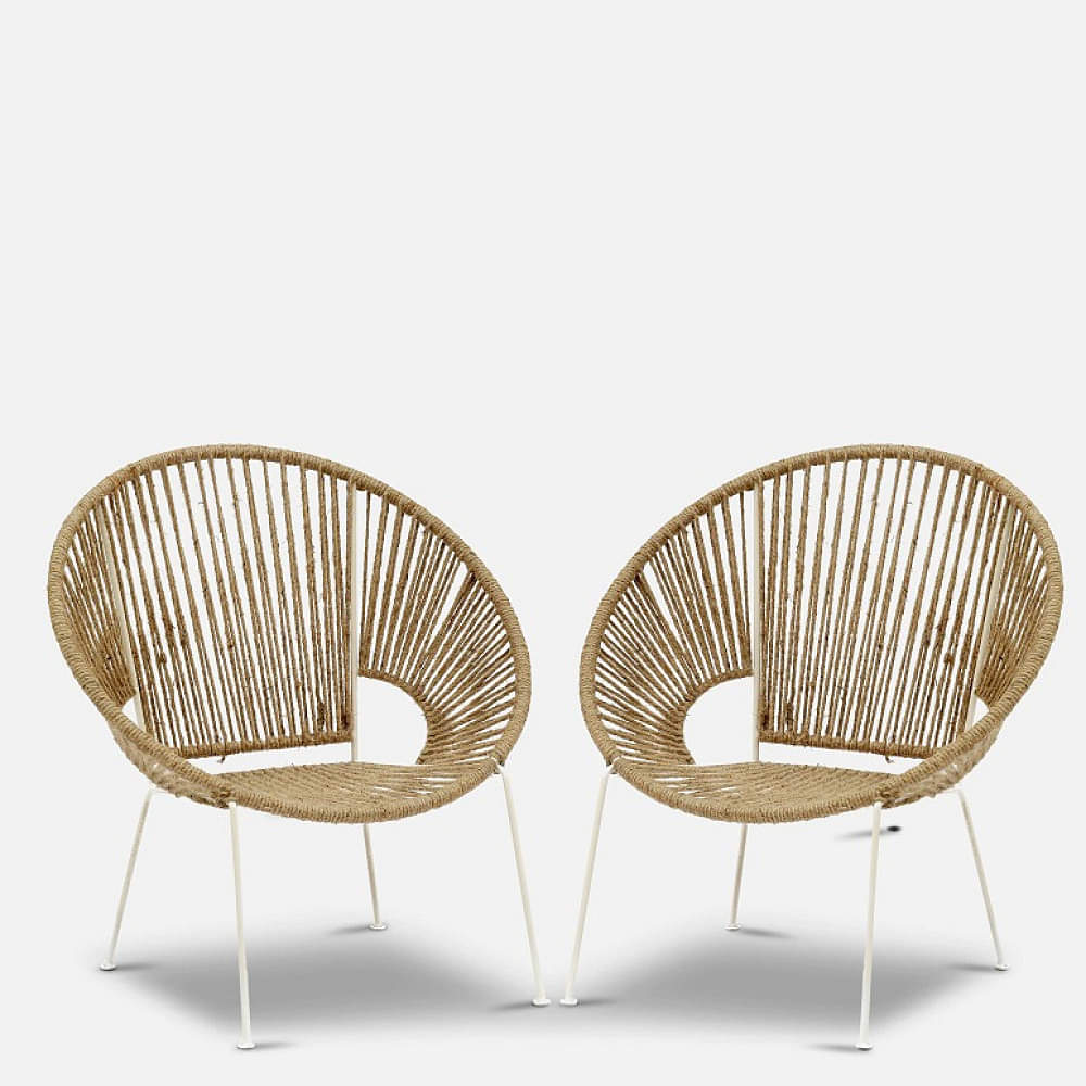 Rope and Metal Outdoor Chair In White & Natural Finish (Set Of 2) - photo