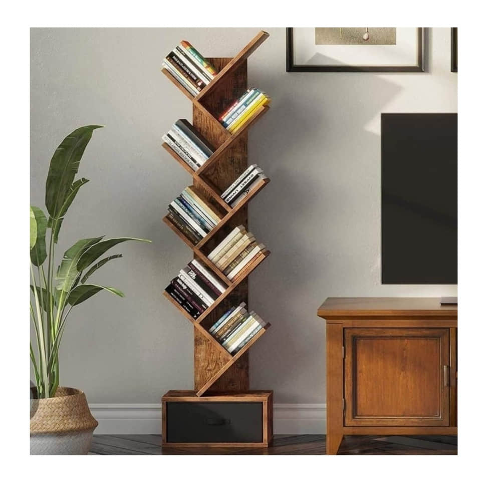 Rustic Brown 8 Shelf Tree Bookshelf With Drawer - photo