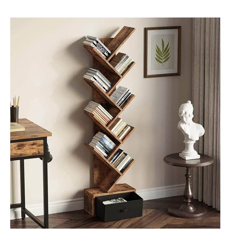 Rustic Brown 8 Shelf Tree Bookshelf With Drawer - front_view