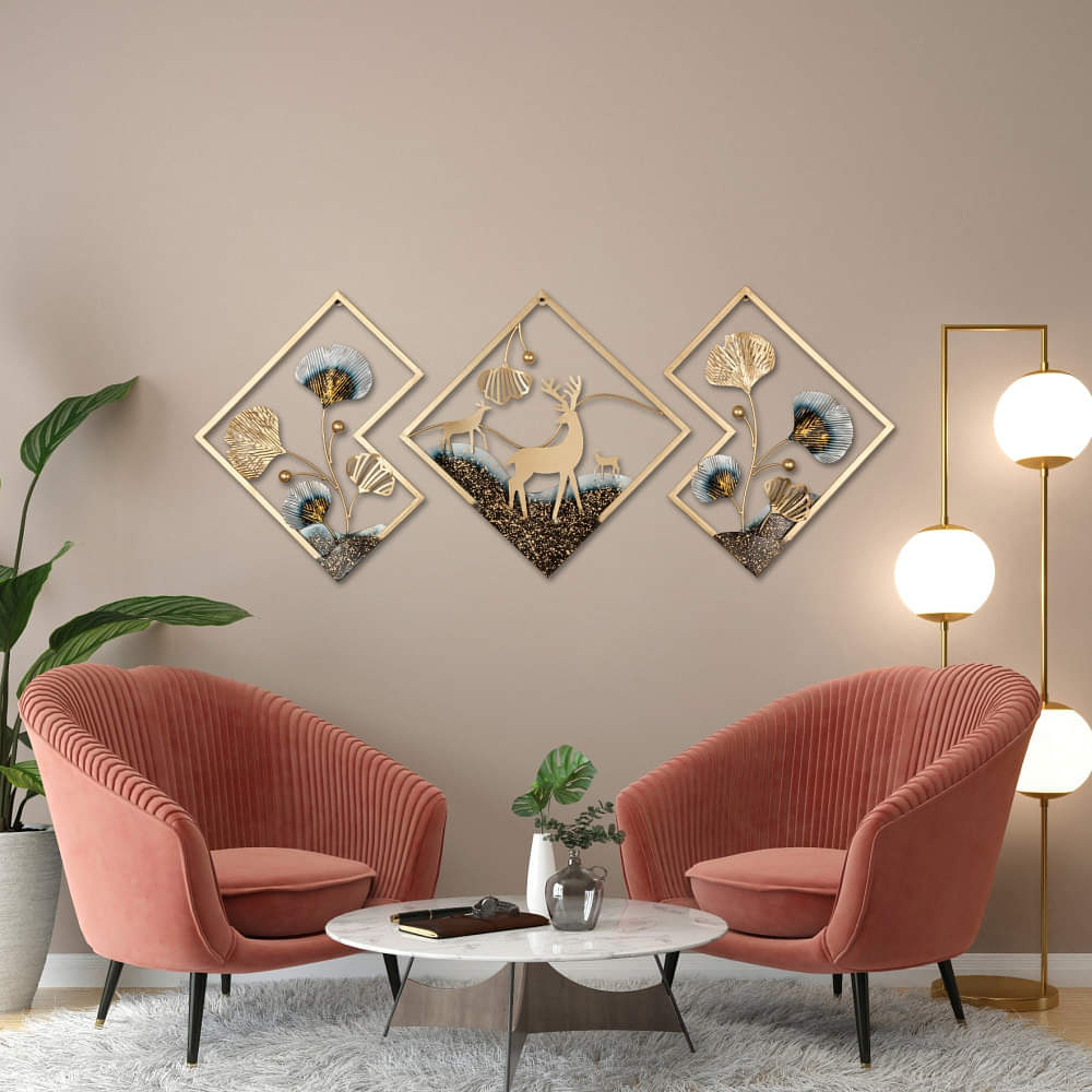 Strasbourg Deer With Leaves Golden Metal Wall Art - photo