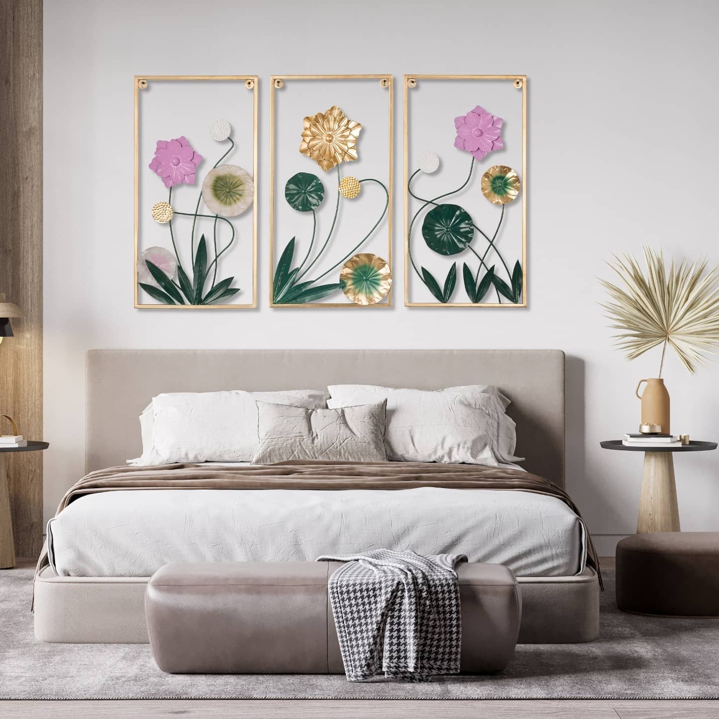 Copenhagen Abstract Floral White & Gold Metal Wall Art