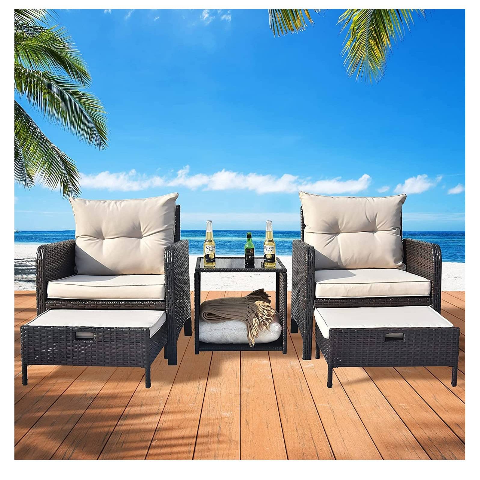 5 Piece Patio Wicker Furniture with Ottoman