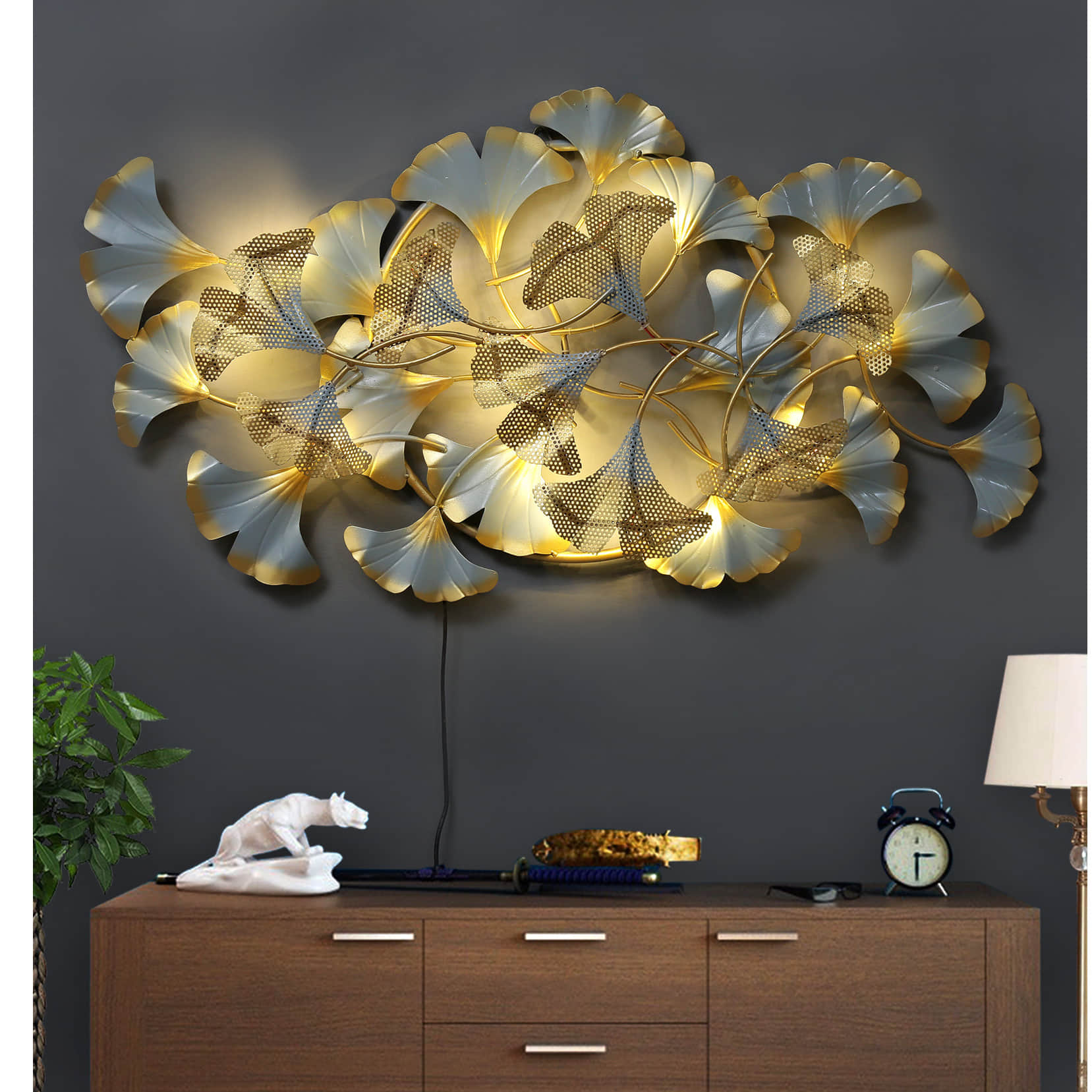 White Iron Jingo Leaf Metal Wall Art - front_view