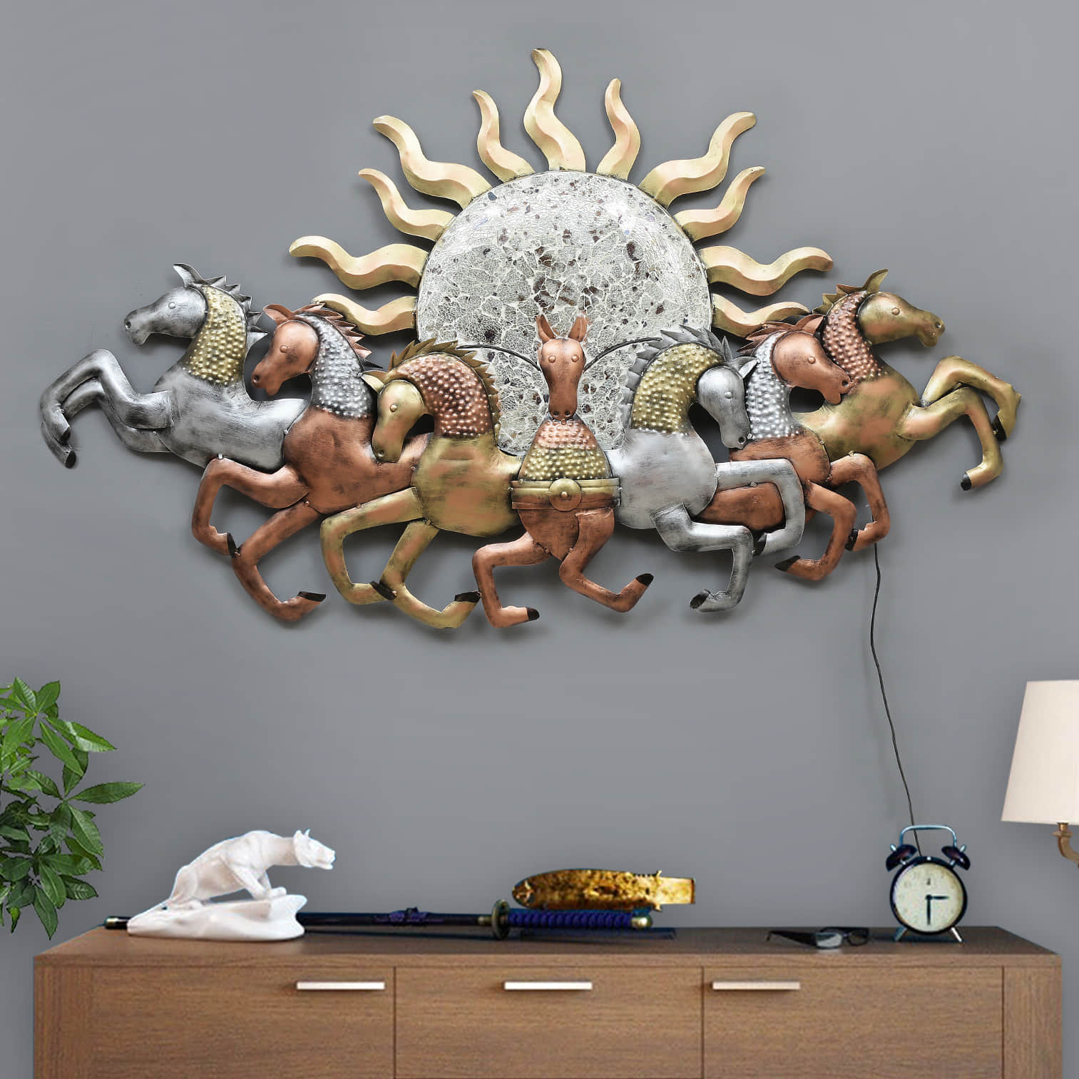 Running Seven Horse Sunrise Wall Hangings Metal Art - front_view