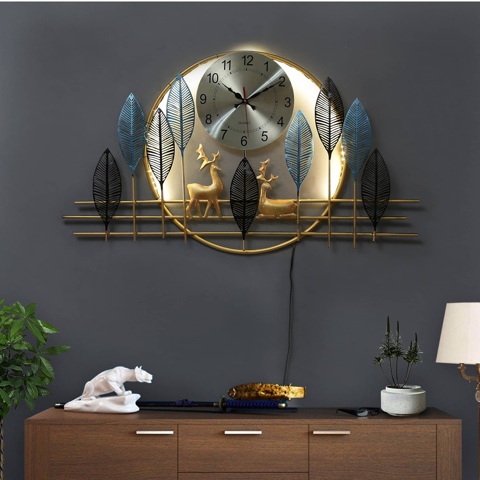 Metal Deer Clock with LED Wall Art