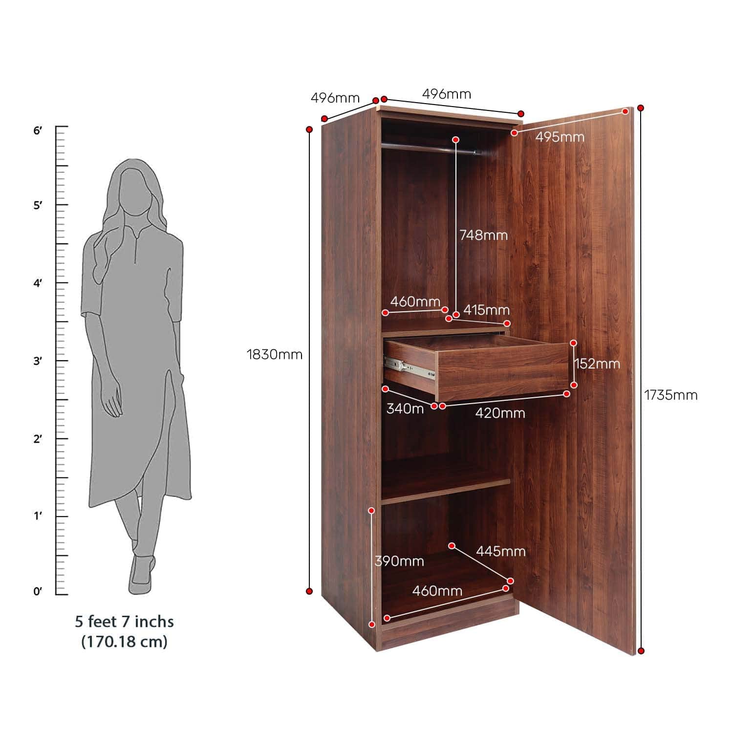 Sugi Single Door Multi-Storage Wardrobe In Engineered Wood - top_view