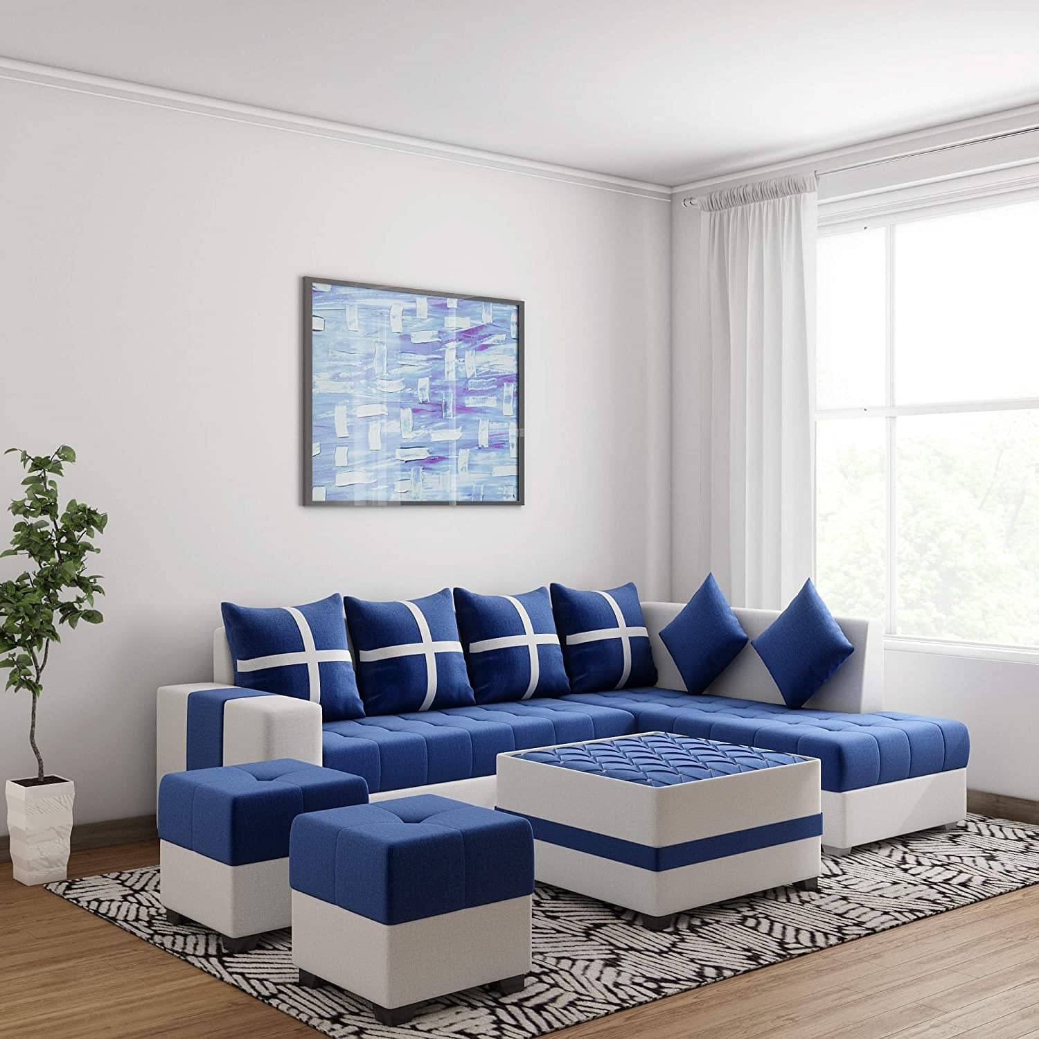 8 Seater LHS L Shape Sofa With Centre Table & 2 Puffy (Blue)