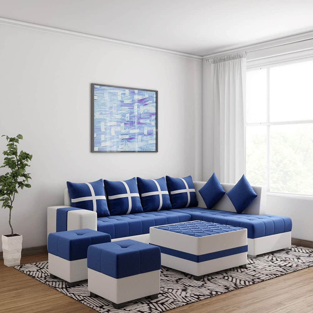 8 Seater LHS L Shape Sofa With Centre Table & 2 Puffy (Blue) - photo