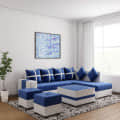 8 Seater LHS L Shape Sofa With Centre Table & 2 Puffy (Blue) - photo