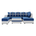 8 Seater LHS L Shape Sofa With Centre Table & 2 Puffy (Blue) - front_view