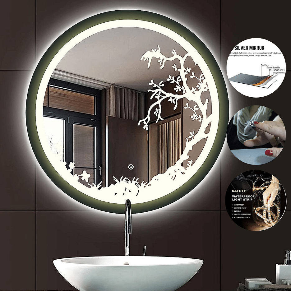 Buy Tree printed Round LED Wall Mirror nature inspired look available on