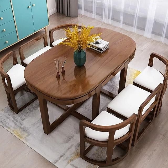 Brown Nordic Style Dining Table Set with Foldable Chairs for 6