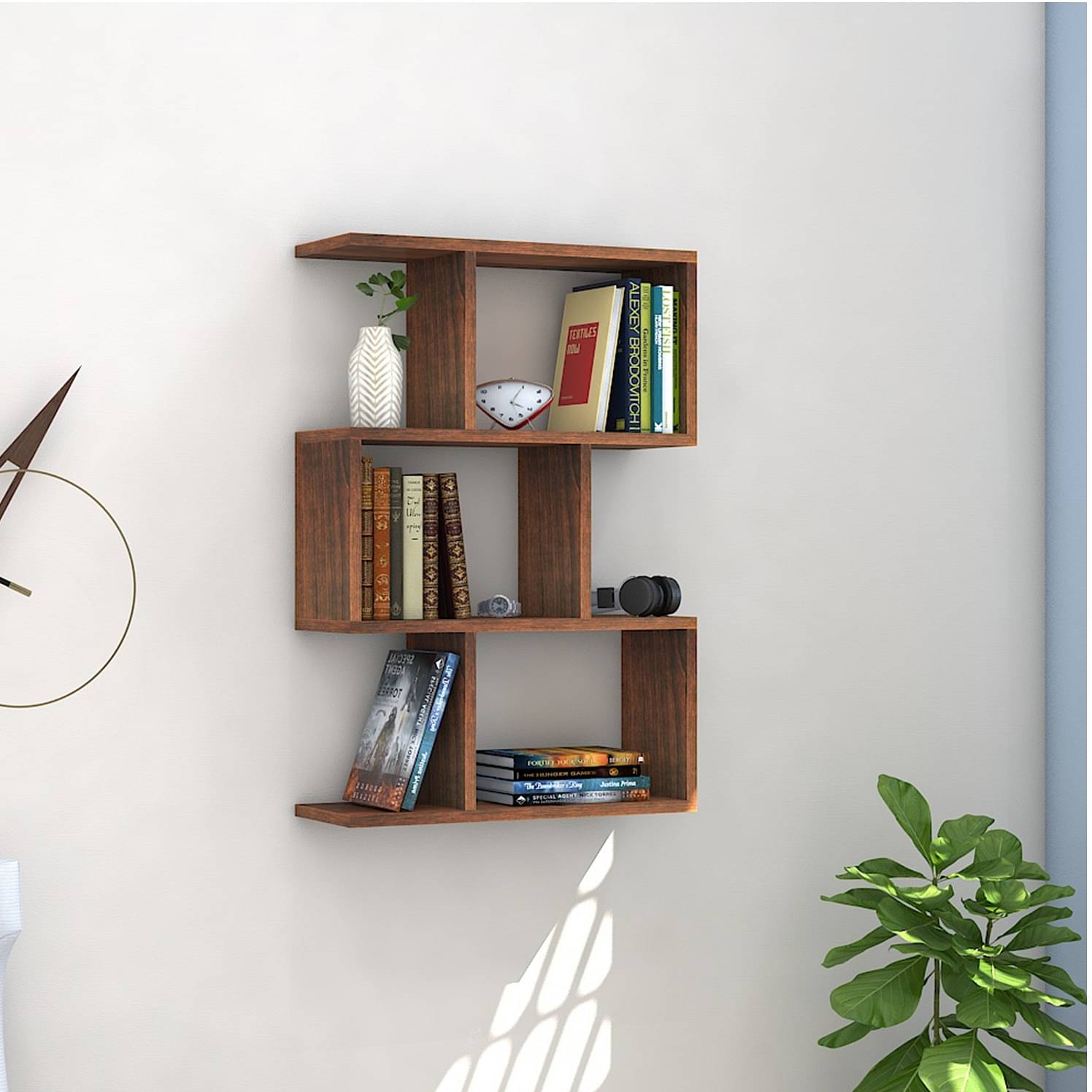 Omega Book Shelf/Wall Shelf and Storage Unit | Display Unit (Walnut, Set of 1)