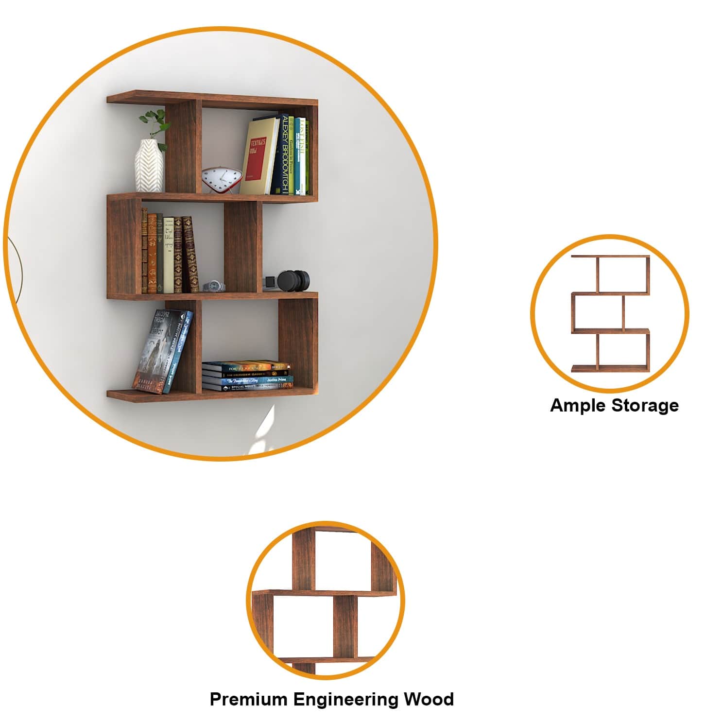 Omega Book Shelf/Wall Shelf and Storage Unit | Display Unit (Walnut, Set of 1) - right_view