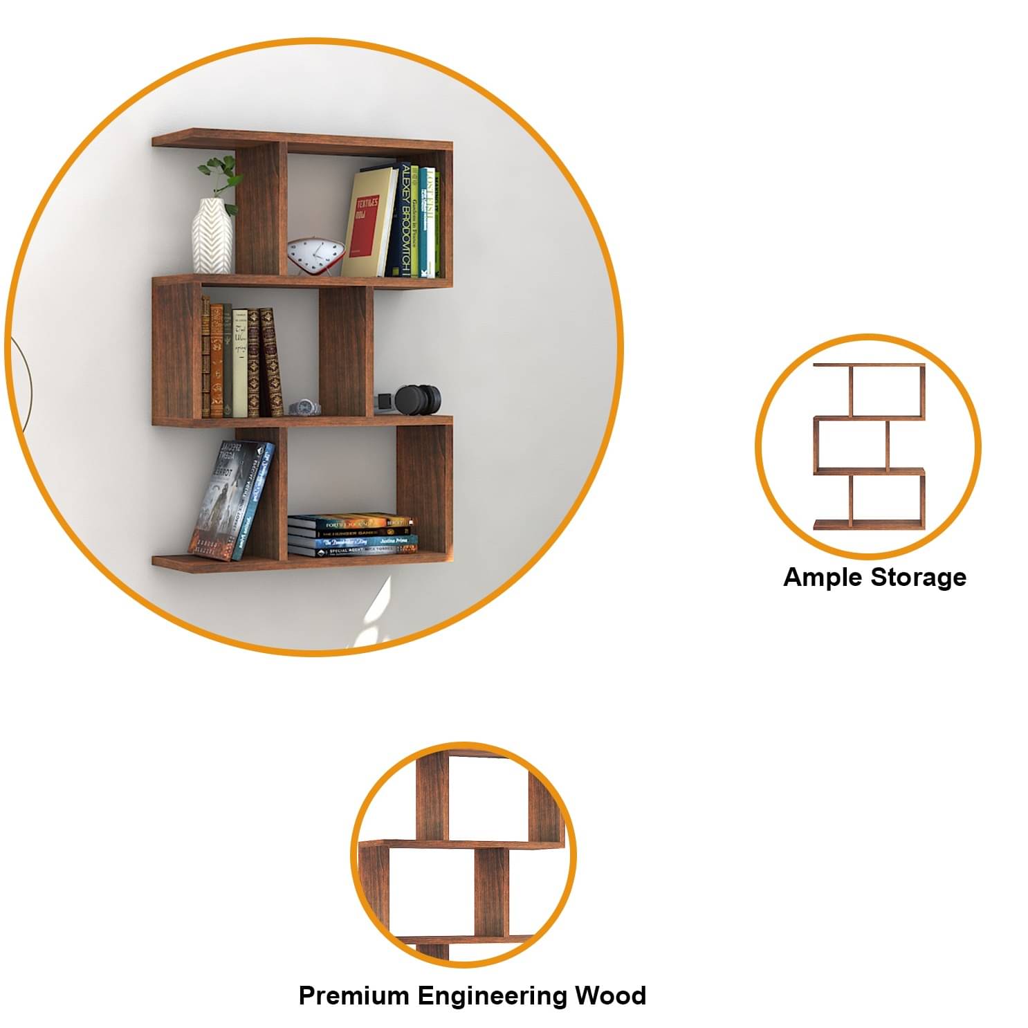 Omega Book Shelf/Wall Shelf and Storage Unit | Display Unit (Walnut, Set of 1)