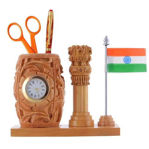 Wooden Pen Holder with Flag & Clock I Handicraft