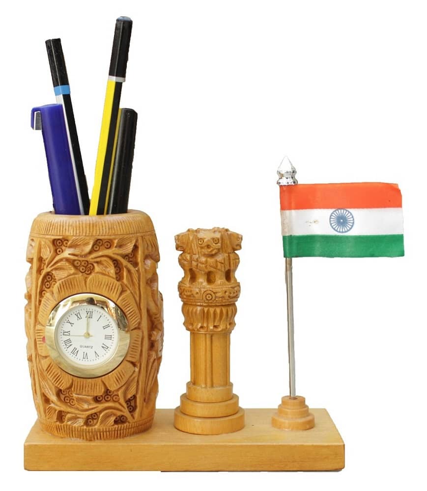 Wooden Pen Holder with Flag & Clock I Handicraft