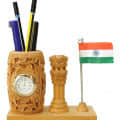Wooden Pen Holder with Flag & Clock I Handicraft - front_view