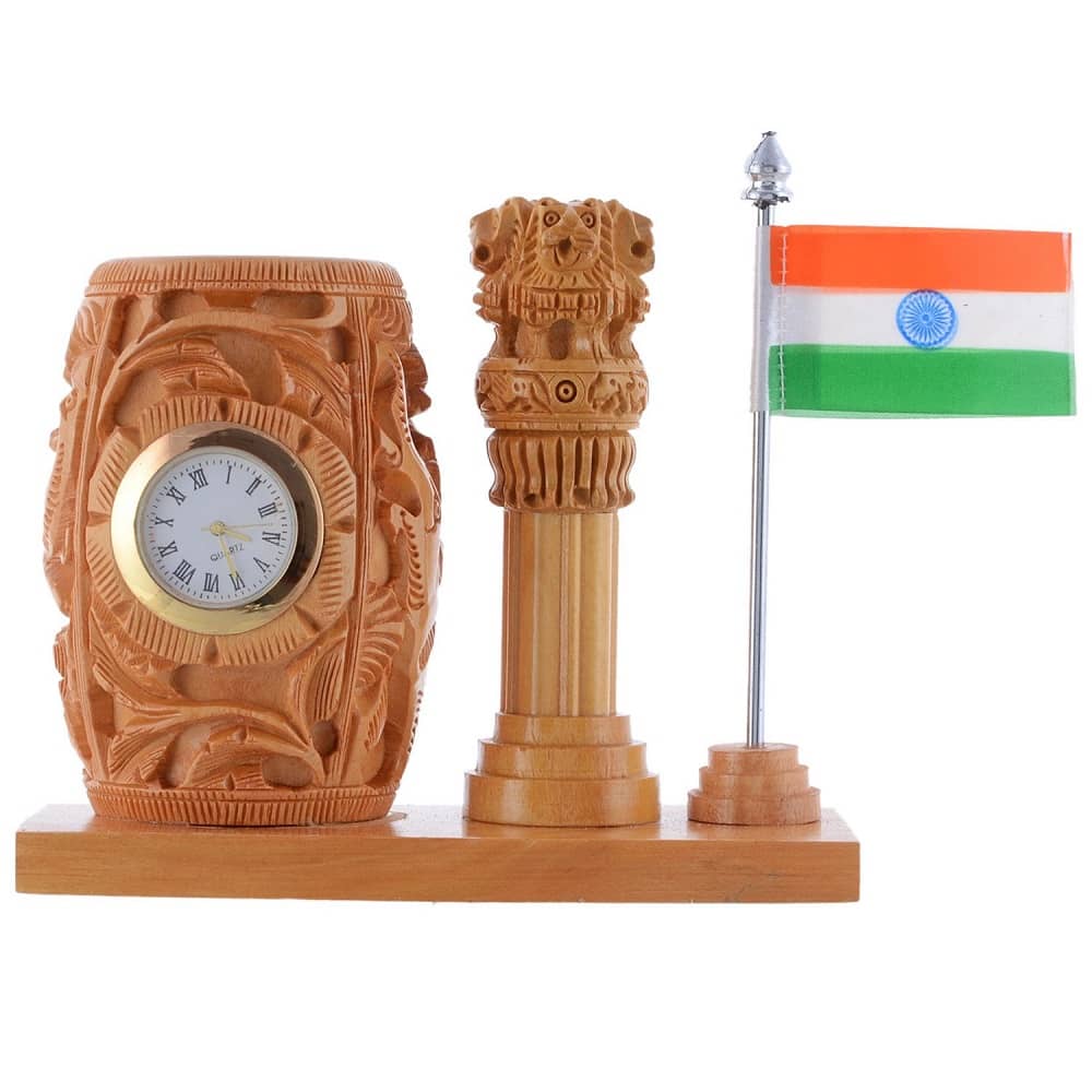 Wooden Pen Holder with Flag & Clock I Handicraft