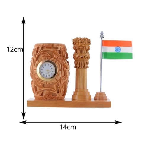 Wooden Pen Holder with Flag & Clock I Handicraft