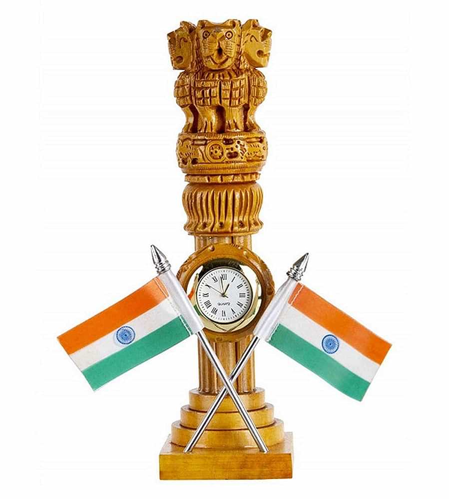 Wooden Ashoka pillar with flag and clock 20 cm - photo