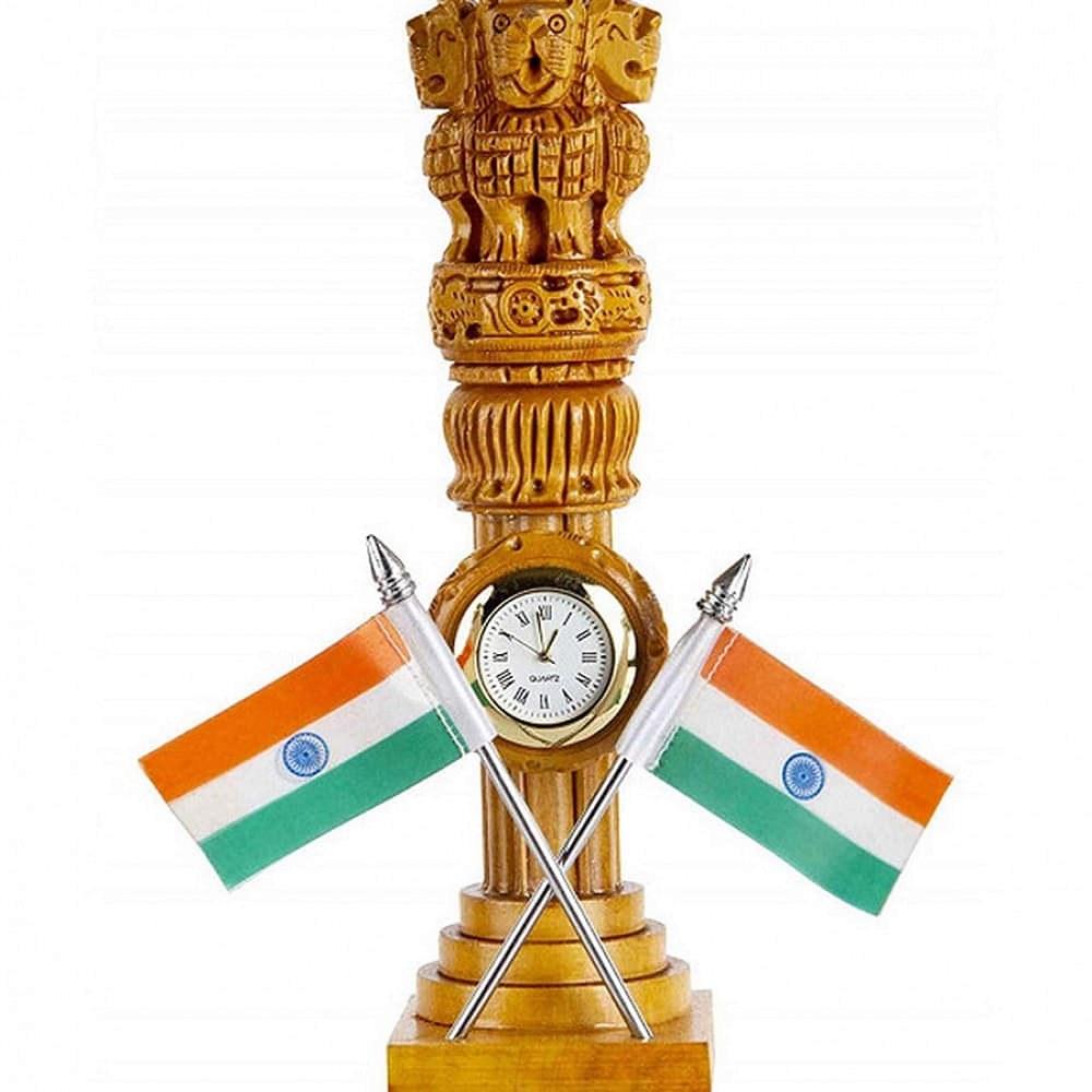 Wooden Ashoka pillar with flag and clock 20 cm - photo