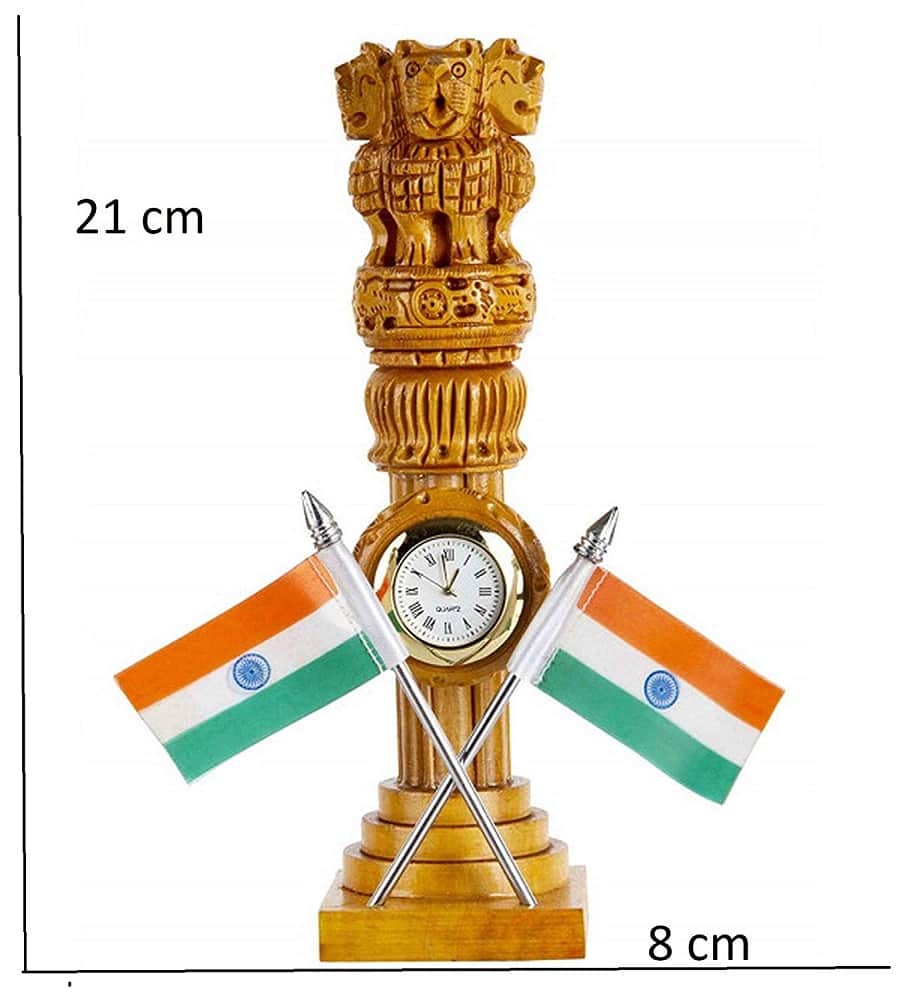 Wooden Ashoka pillar with flag and clock 20 cm - front_view