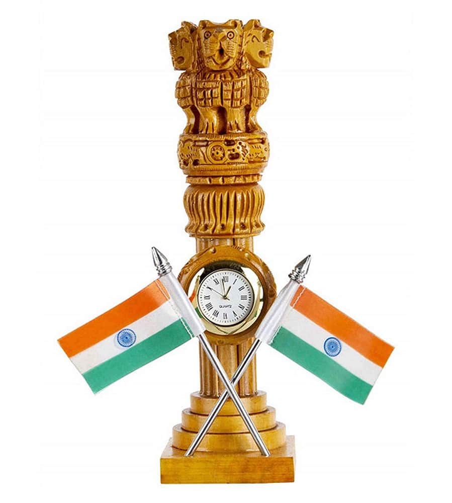 Wooden Ashoka pillar with flag and clock 20 cm - top_view