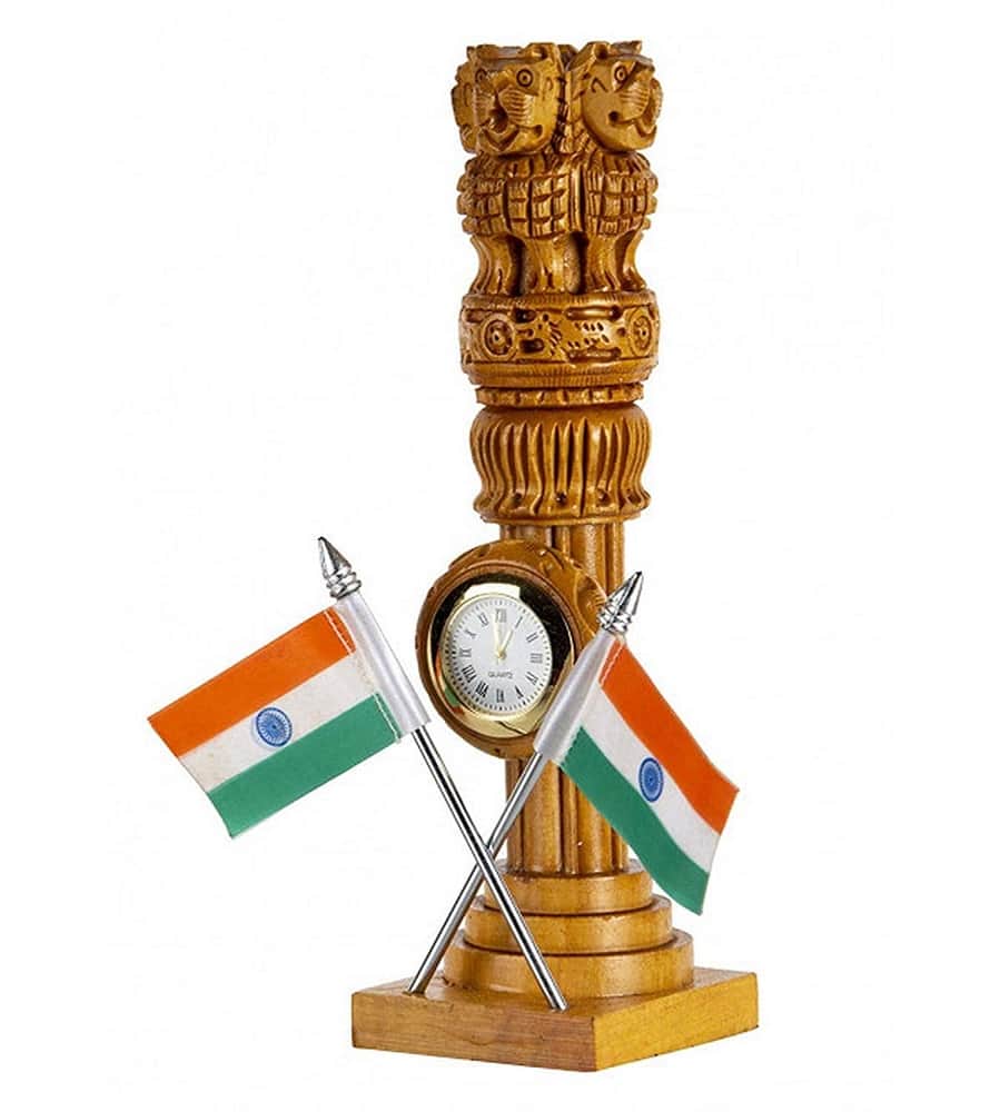 Wooden Ashoka pillar with flag and clock 20 cm - left_view
