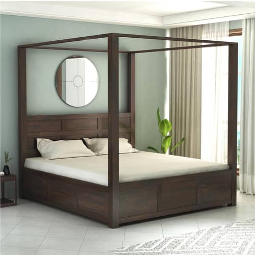 Trios Solid Sheesham Wood Queen Size Poster Bed with Storage