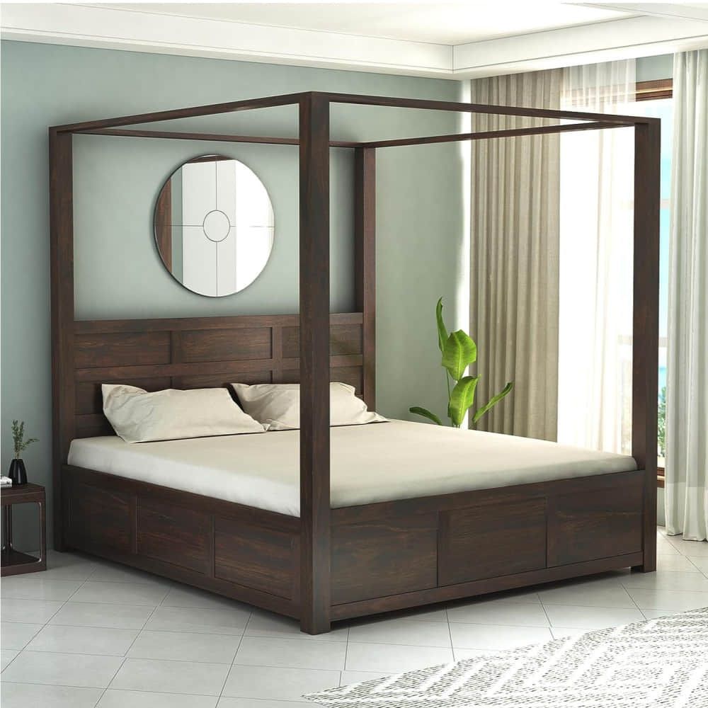 Trios Solid Sheesham Wood Queen Size Poster Bed with Storage - photo