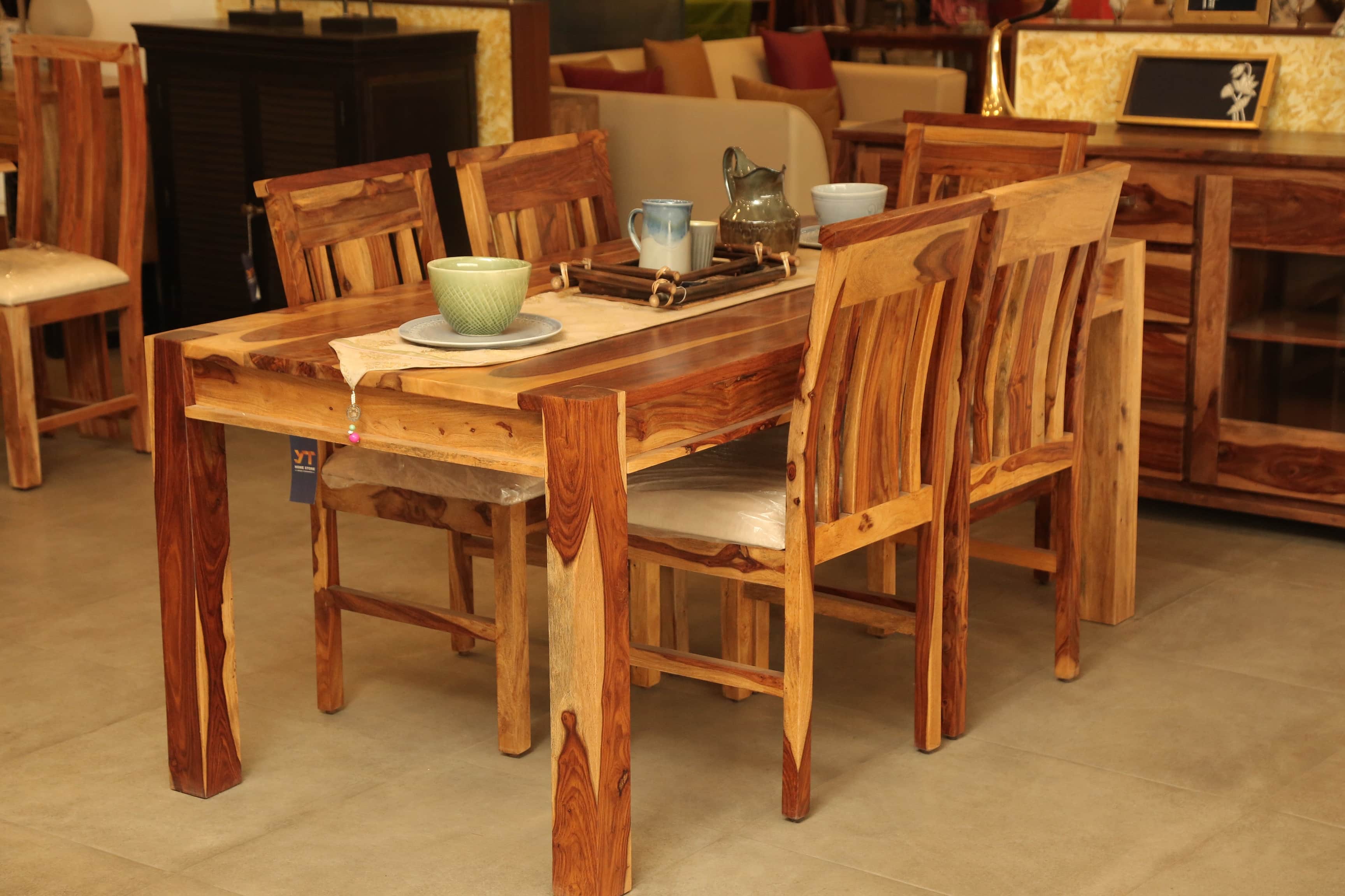 6 Seater Dining Set In Honey Finish - top_view