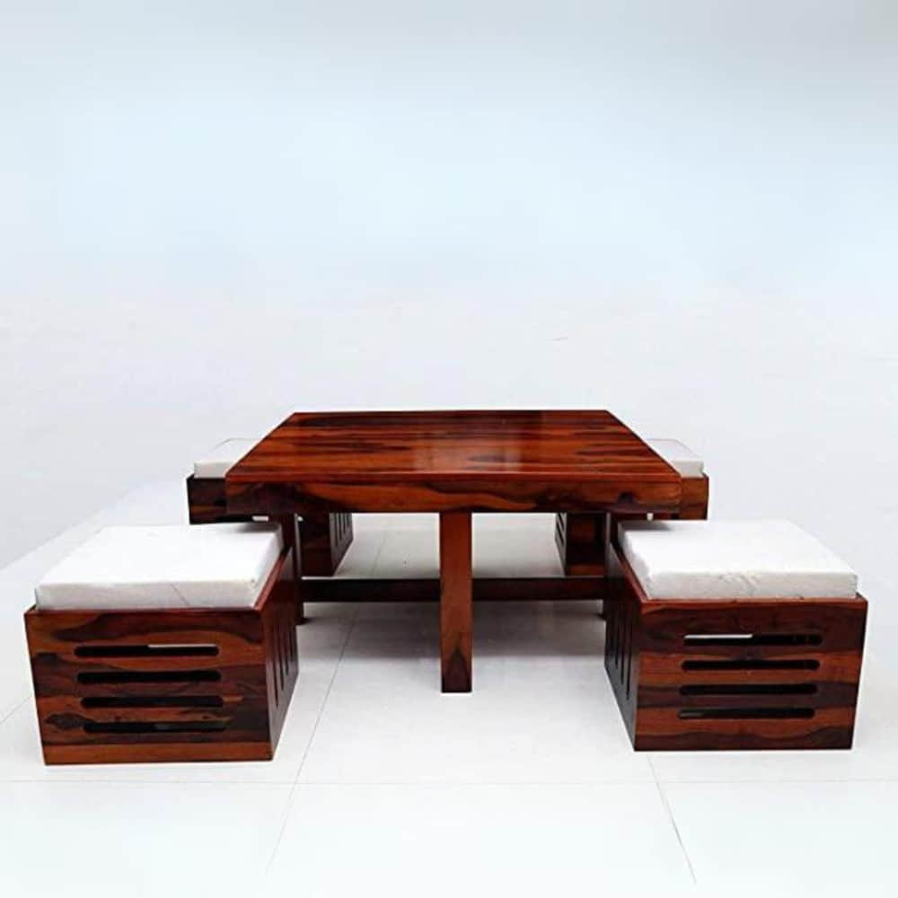 Square Shape Solid Wood Coffee Table with 4 Stools - photo