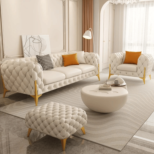 Damask Modern White Fabric Sofa Set