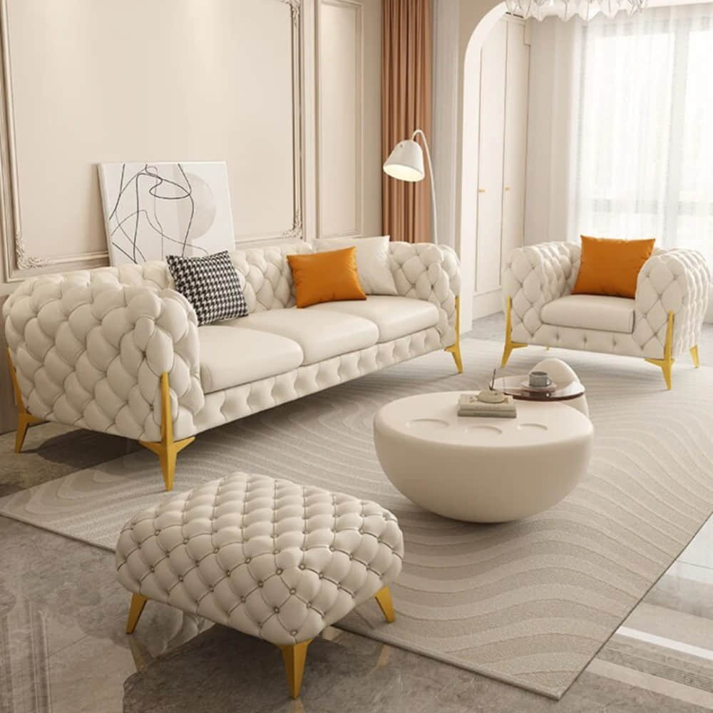 Damask Modern White Fabric Sofa Set - photo