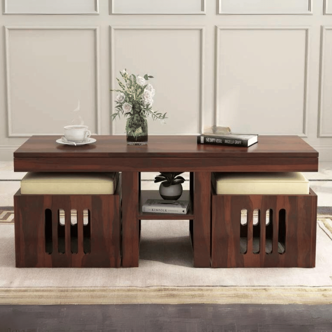 Solidwood Coffee Table With 2 Stool - top_view
